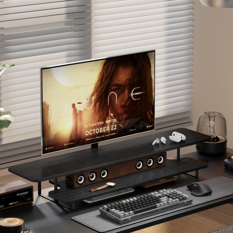 Desk Setup Monitor And Laptop - Penyangga Monitor Kayu Walnut, Organizer Meja