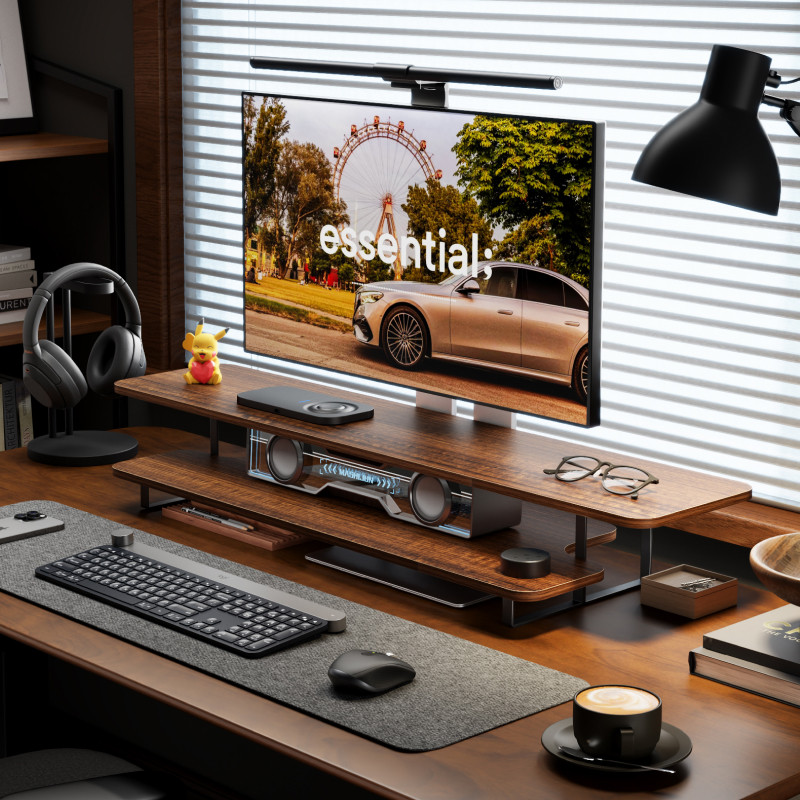 Penyangga Monitor Kayu Walnut, - Desk Setup Monitor And Laptop ulasan dan harga