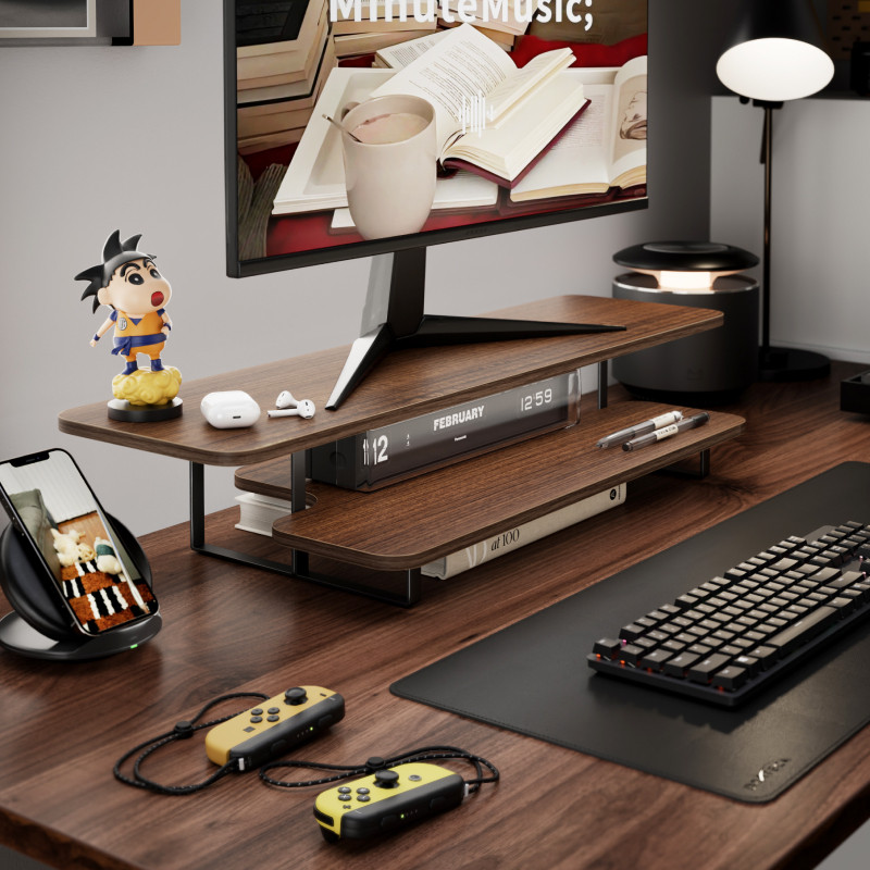 Penyangga Monitor Kayu Walnut, - Desk Setup Monitor And Laptop ulasan dan harga